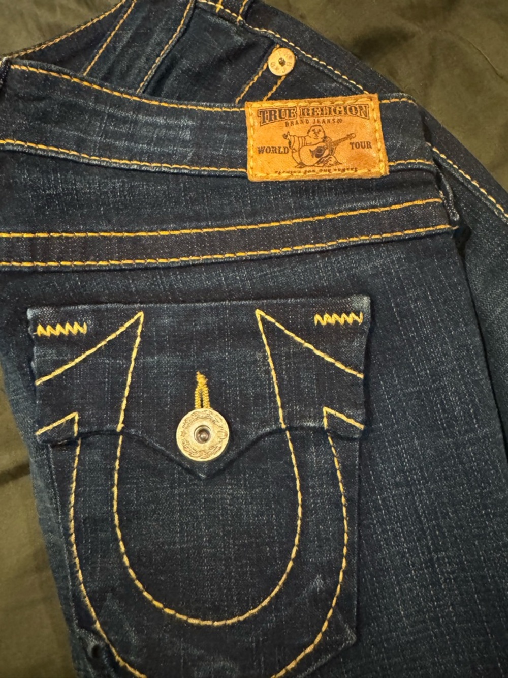 True Religion womens Dark Blue Denim Jeans with Yellow Stitching